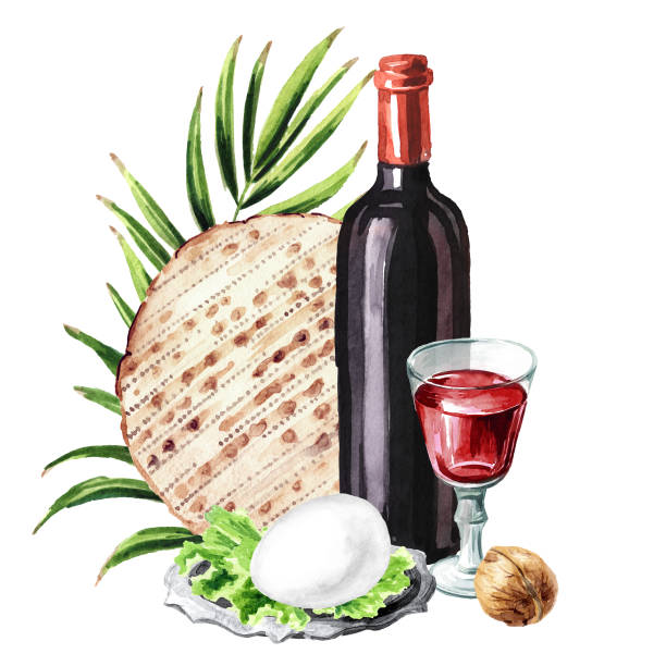 passover seder meal. concept of jewish holiday pesach card. watercolor hand drawn illustration, isolated on white background - flower torah matzo spring stock illustrations