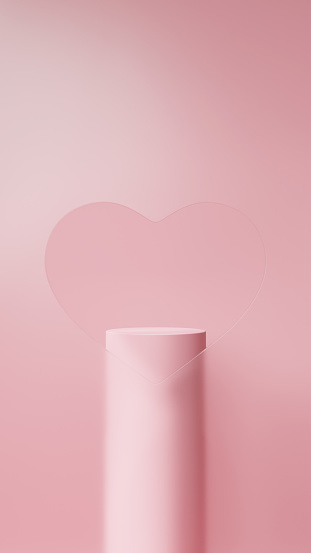 3D Illustration.Pink background and base. Heart-shaped hollowed-out glass. (Vertical)