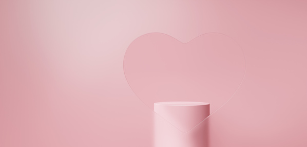 3D Illustration.Pink background and base. Hollowed out glass in heart shape. Copy space.(horizontal)