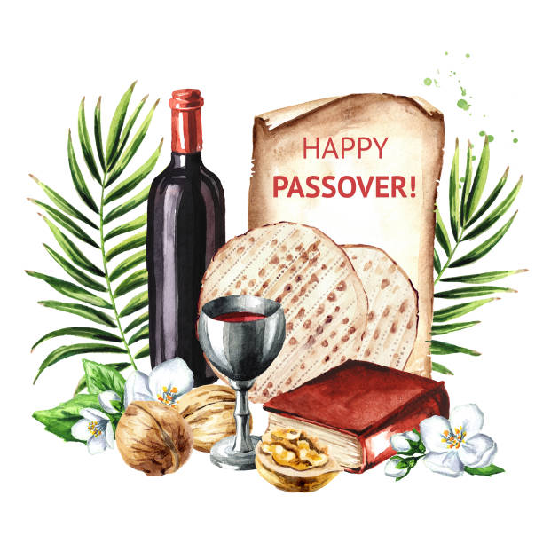 passover seder traditional meal, pesach card,  concept of jewish religious holiday. watercolor hand drawn illustration, isolated on white background - flower torah matzo spring stock illustrations