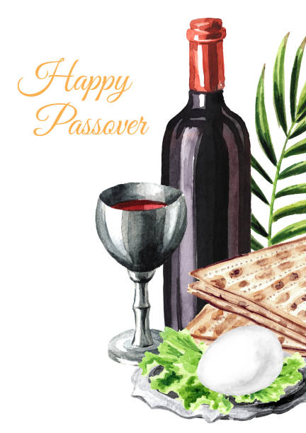 passover seder traditional meal. concept of jewish religious holiday pesach card. watercolor hand drawn illustration, isolated on white background - flower torah matzo spring stock illustrations