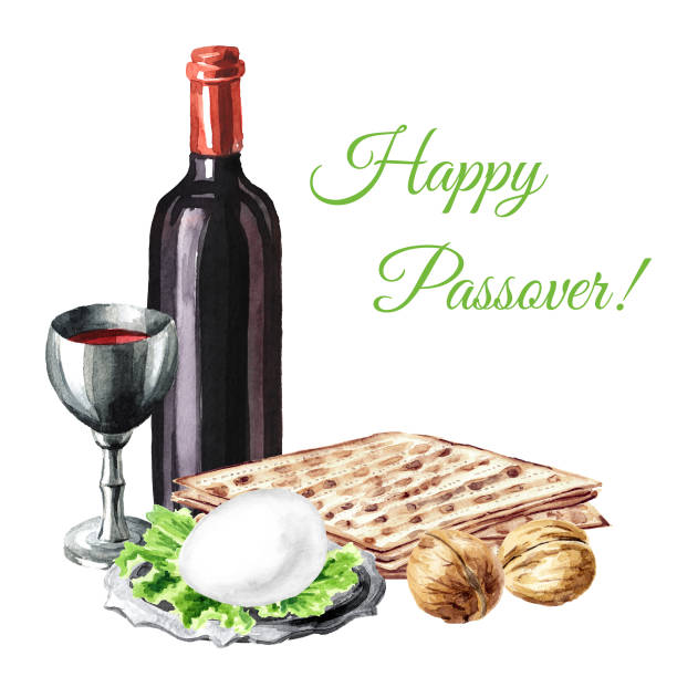 passover seder traditional meal. concept of jewish religious holiday pesach. watercolor hand drawn illustration, isolated on white background - flower torah matzo spring stock illustrations