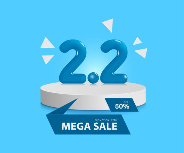 istock Number 2.2 blue 3D and there is a message for a mega sale promotion 50% discount, all place on round podium or circle platform, vector for Second day of  second month advertising advertising design 1959207328