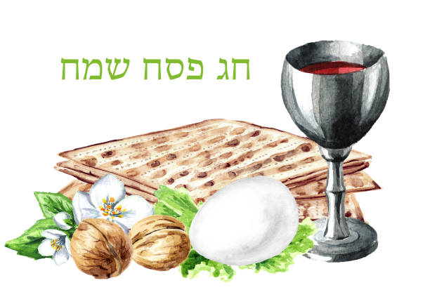 passover seder traditional meal. pesach card.  concept of jewish religious holiday. hebrew inscription happy easter, watercolor hand drawn illustration, isolated on white background - flower torah matzo spring stock illustrations