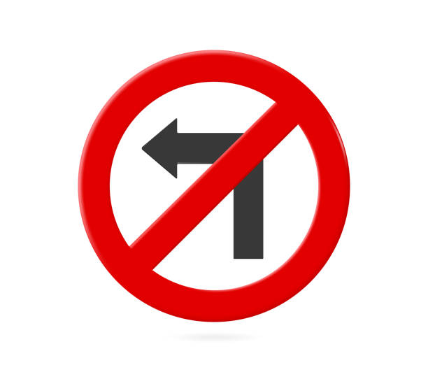 istock Red no left turn sign with a red line crossed by a black arrow facing left  To enforce driving on the road, vector illustration on white background for design 1959214108