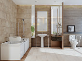 Modern Bathroom Interior With Bathtub, Toilet And Sink For People With Disabilities