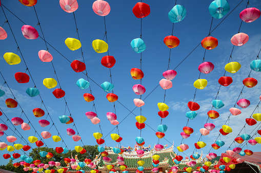 Focus scene on Chinese New Year decorations - pastel coloured lanterns in temple