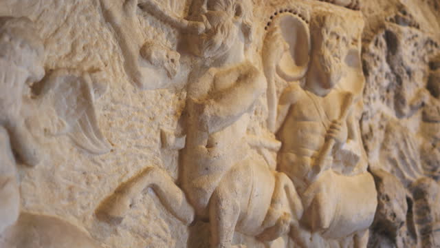 Some stone reliefs and historical statues in ancient city of Hierapolis
