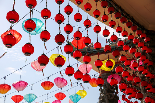 Focus scene on Chinese New Year lantern decorations in temple