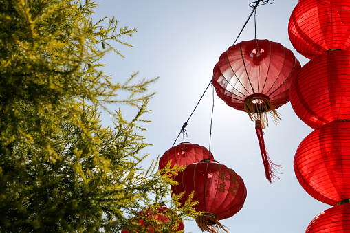 Focus scene on Chinese New Year lantern decorations in temple