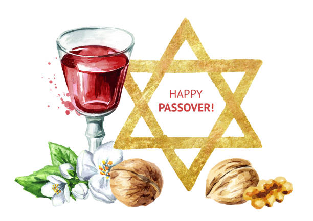 red kosher wine in the glass, spring flower, walnut and star of david. passover greeting card. pesach. watercolor hand drawn illustration isolated on white background - flower torah matzo spring stock illustrations