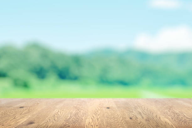 istock Blurred background seen through a wooden table with wood grain, background with depth, background image of sky, greenery and meadow 1959239629
