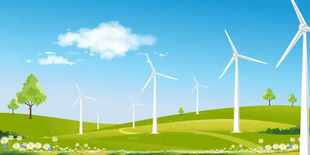 Vector illustration of Environmental Background,Spring landscape green field with windmill on mountain,blue sky,cloud,Vector Rural with Solar panel wind turbines installed as renewable station energy sources for electricity
