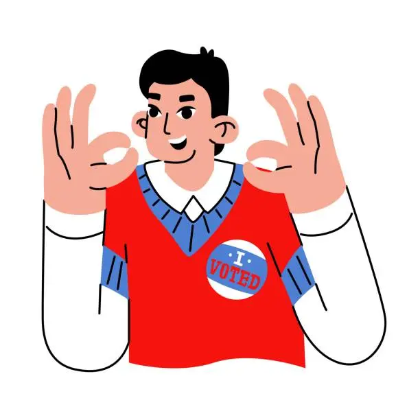 Vector illustration of The man shows an okay gesture. The inscription on the badge is I voted. State elections. Selecting a candidate for political office. Vector illustration on a social theme.