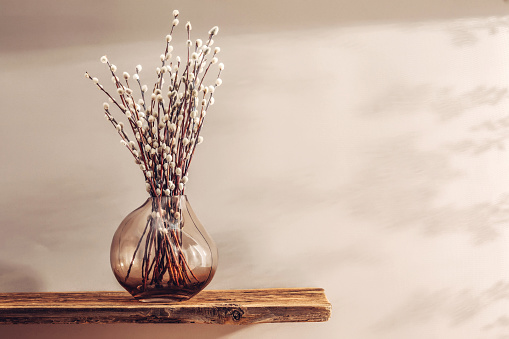 A delicate arrangement of pussy willows stands in a clear, round glass vase centered on a wooden shelf against a soft, neutral background.