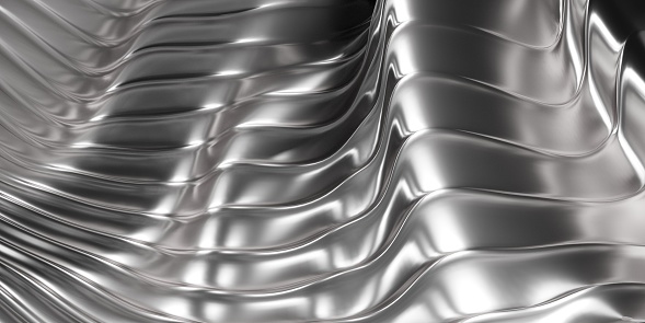 Abstract metal background. Silver steel stripes wavy pattern. 3d rendering