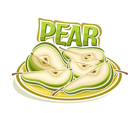 Vector logo for Green Pear, decorative horizontal poster with outline illustration of garden pear composition with grains, cartoon design fruity print with many chopped pear parts on white background