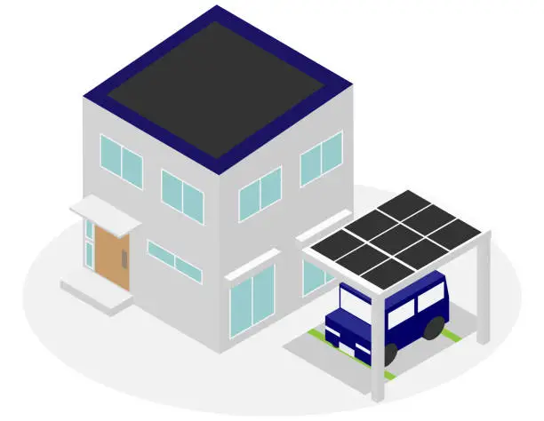 Vector illustration of House with solar panels on isometric carport