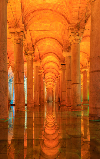 Istanbul, Turkey - November 8, 2023: Roman columns inside Basilica Cistern or Yerebatan Sarayi, ancient underground water storage or reservoir