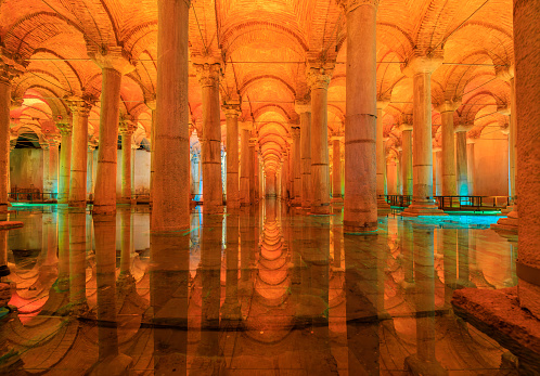 Istanbul, Turkey - November 8, 2023: Roman columns inside Basilica Cistern or Yerebatan Sarayi, ancient underground water storage or reservoir