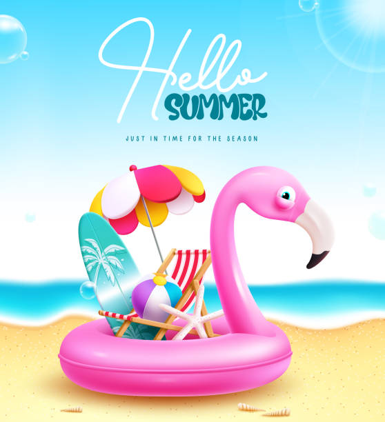 istock Summer sale text vector banner design. Summer limited time offer with yellow flamingo floaters, camera and beachball elements 1959299725