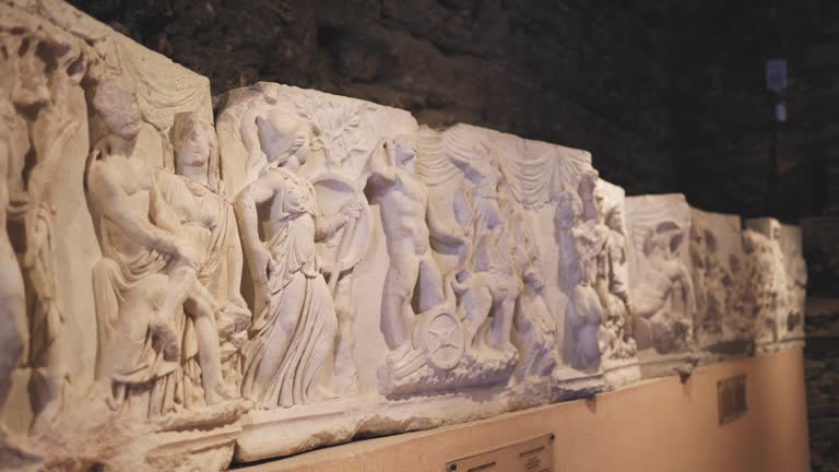 Some stone reliefs and historical statues in ancient city of Hierapolis