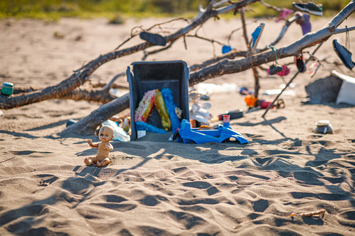 Plastic jetsam lying by a big branch on sandy beach, marine plastic pollution