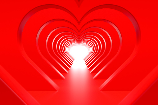 Valentines Day heart shaped red tunnel. Digitally generated image. 3d render.