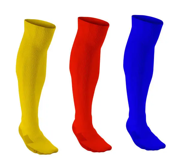 yellow, red and blue soccer socks isolated on white background