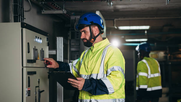 istock Engineers inspected the electrical switchboard and verified the operational voltage range.Technician setting electrical in inverter solar panel room 1959341560