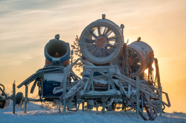 View of snow cannons to make artificial ski tracks.