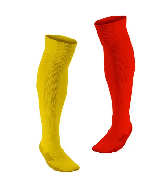 yellow and red soccer socks isolated on white background