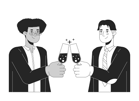 Gay men couple clink glasses black and white 2D line cartoon characters. Enamored homosexual boyfriends isolated vector outline people. Toasting champagne flutes monochromatic flat spot illustration
