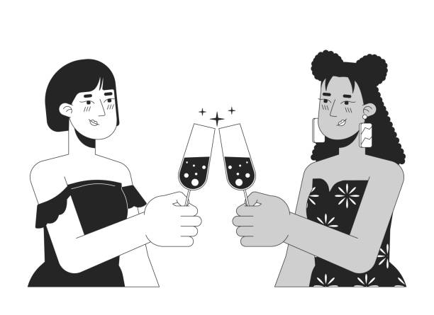подруги лесбиянки чокаются бокалами черно-белые 2d линия мультяшные персонажи - horizontal black and white toned image two people stock illustrations