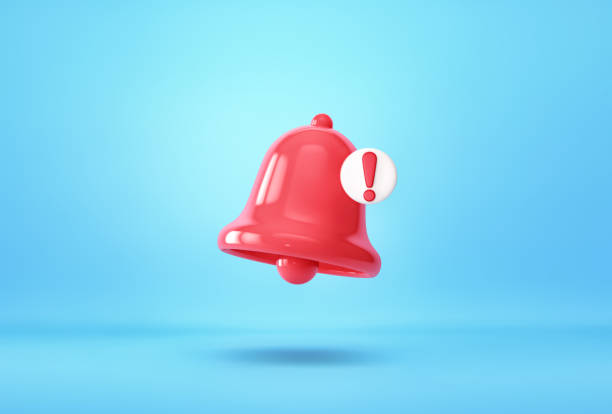 istock Red notification bell with emergency notification on blue background. Clipping path included 1959353878