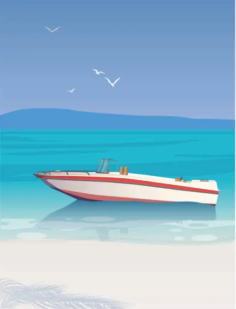 Vector illustration of Speedboat on the sandy seashore. Vector.