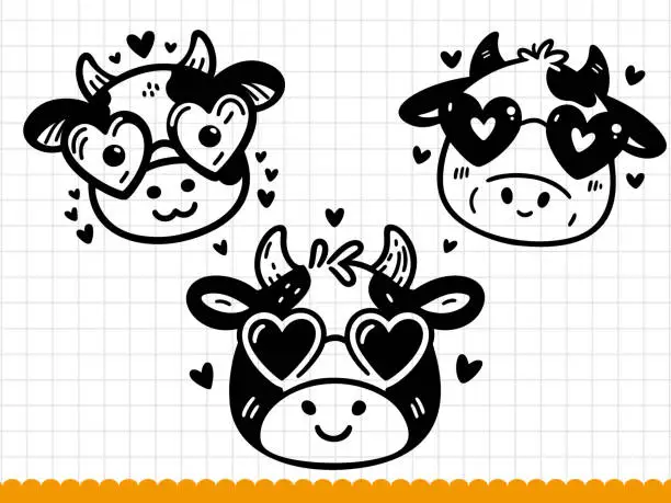 Vector illustration of Cute cow doodle face. Vector outline illustration.