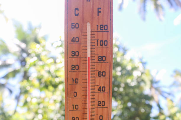 istock Celsius and fahrenheit scale thermometer shows plus 30 degrees during midday in Asia with trees in the background. The thermometer shows temperatures above 30 degrees in summer 1959362301