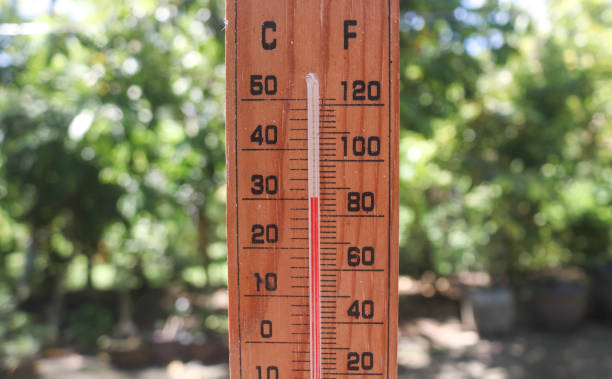 istock Celsius and fahrenheit scale thermometer shows plus 30 degrees during midday in Asia with trees in the background. The thermometer shows temperatures above 30 degrees in summer 1959362302