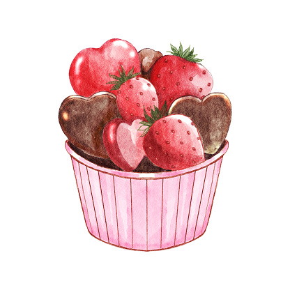 Chocolate and strawberry cupcake . Valentines day object . Watercolor painting elements . Illustration .