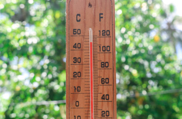istock Celsius and fahrenheit scale thermometer shows plus 30 degrees during midday in Asia with trees in the background. The thermometer shows temperatures above 40 degrees in summer 1959369332