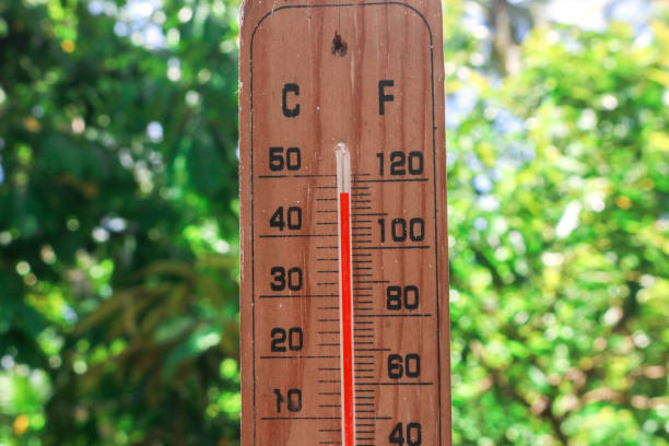 istock Celsius and fahrenheit scale thermometer shows plus 30 degrees during midday in Asia with trees in the background. The thermometer shows temperatures above 40 degrees in summer 1959369860