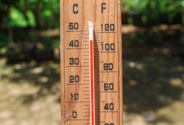 istock Celsius and fahrenheit scale thermometer shows plus 30 degrees during midday in Asia with trees in the background. The thermometer shows temperatures above 40 degrees in summer 1959373012