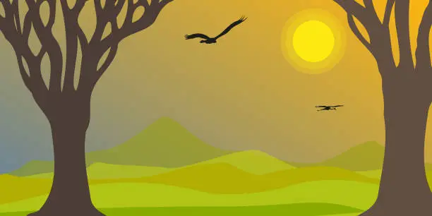 Vector illustration of African landscape with birds silhuettes