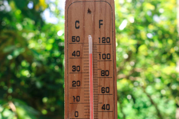 istock Celsius and fahrenheit scale thermometer shows plus 30 degrees during midday in Asia with trees in the background. The thermometer shows temperatures above 40 degrees in summer 1959374611