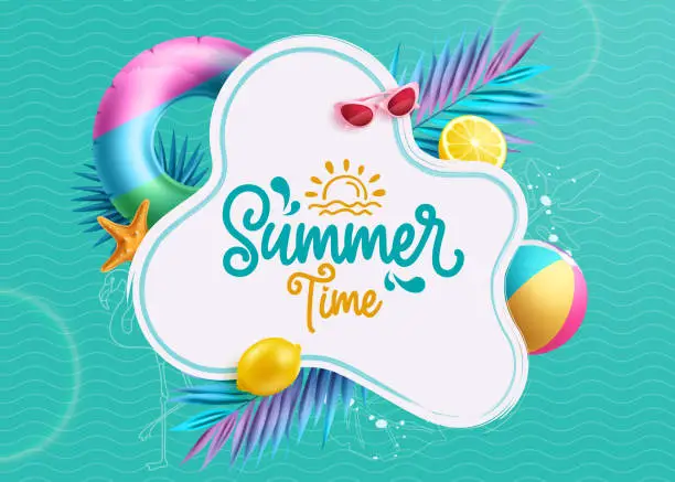 Vector illustration of Summer time text vector template. Summer time typography in white space with floaters, beachball and lemon beach elements for tropical seasonal design.