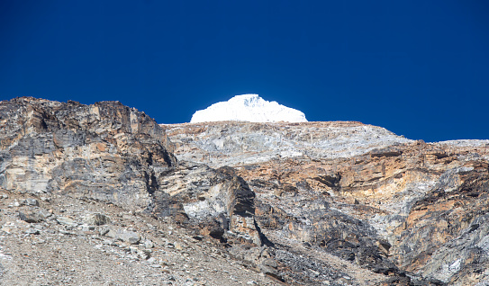 This beautiful snow caped mountain view captured during the 19 days Kanchenjunga circuit trek in Nepal.