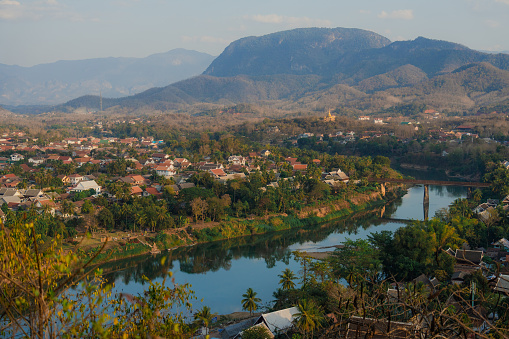 Scenic aerial view of Luang Prabang town and Mekong river