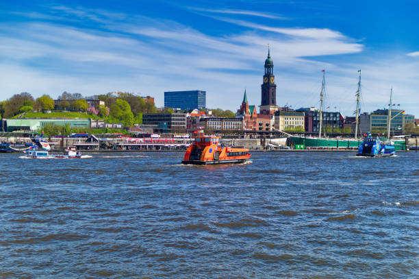 Hamburg, Germany, April 30 2023: Scene from the port during day in Hamburg, Germany.