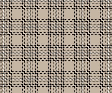 Plaid fabric pattern. Cream, black, white, seamless background for textile design, tailoring, skirt or decoration. Vector illustration.